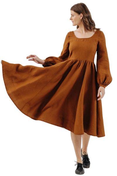 Linen Dress, SON DE FLOR Carmen Warm Brown