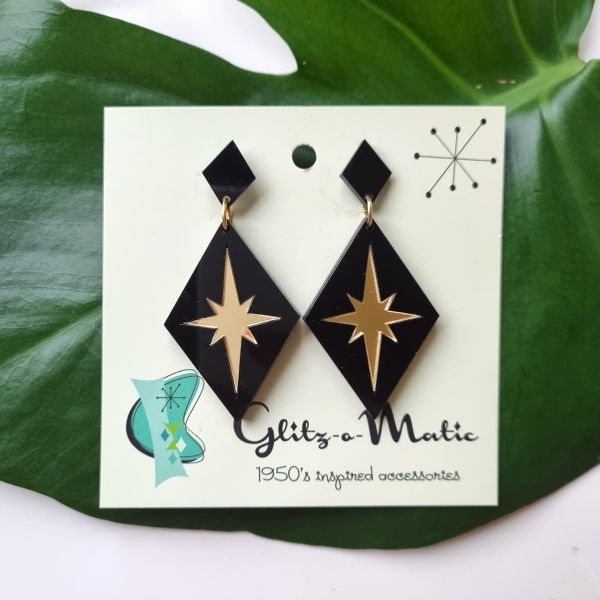 Earrings, GLITZ-O-MATIC Black Starburst