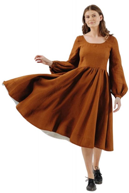 Linen Dress, SON DE FLOR Carmen Warm Brown