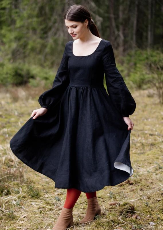 Linen Dress, SON DE FLOR Carmen Black Pansy
