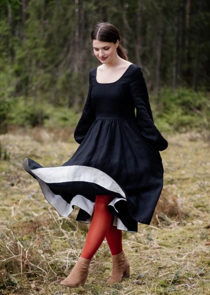 Linen Dress, SON DE FLOR Carmen Black Pansy