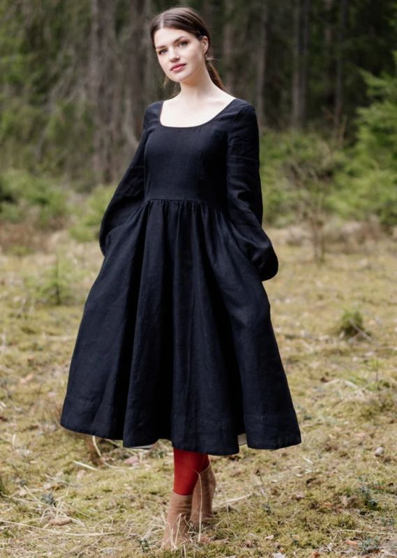 Linen Dress, SON DE FLOR Carmen Black Pansy