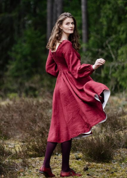 Linen Dress, SON DE FLOR Carmen Marsala Red