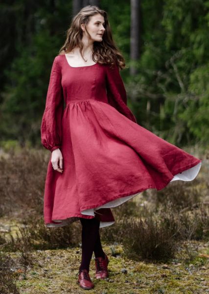 Linen Dress, SON DE FLOR Carmen Marsala Red