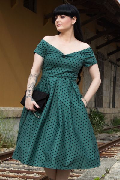 Swing Dress, LILY 50s Green Polkadot (873)