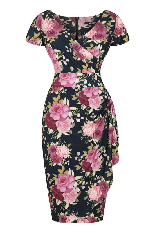 Pencil Dress, ELSIE Pink Roses On Navy