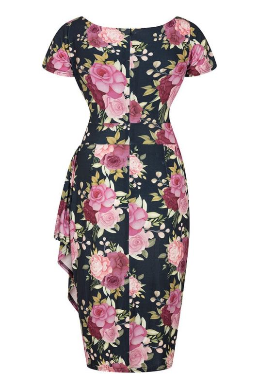 Pencil Dress, ELSIE Pink Roses On Navy